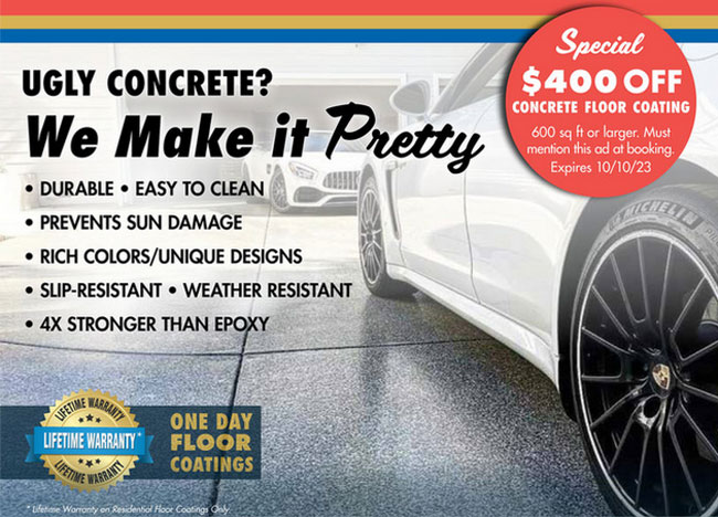 Ross Concrete Coating - The Home Mag - Images of a partial view of a car, concrete coatings, logo and texts.