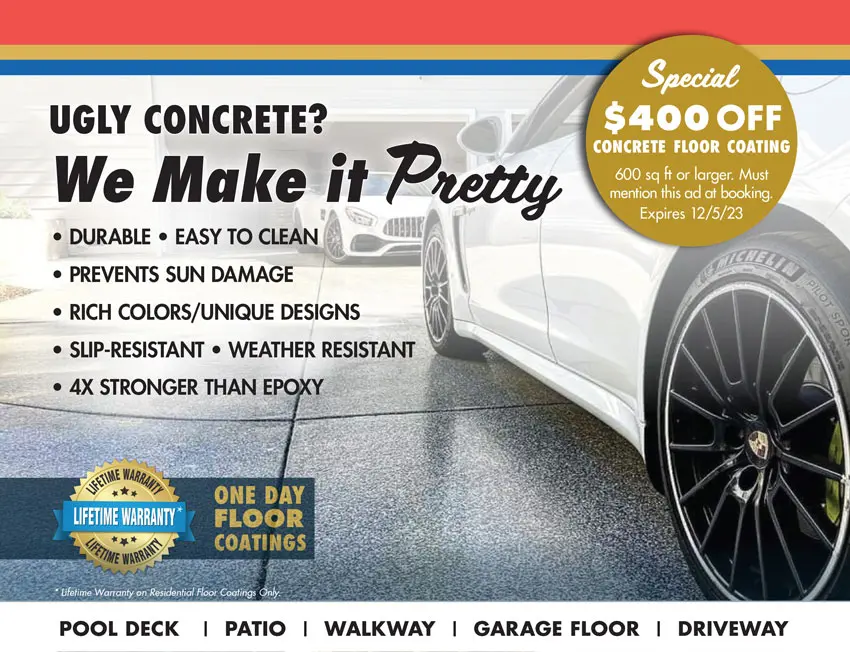 Ross Concrete Coating - The Home Mag - November - Coated floor with partial view of a car, badge and texts.